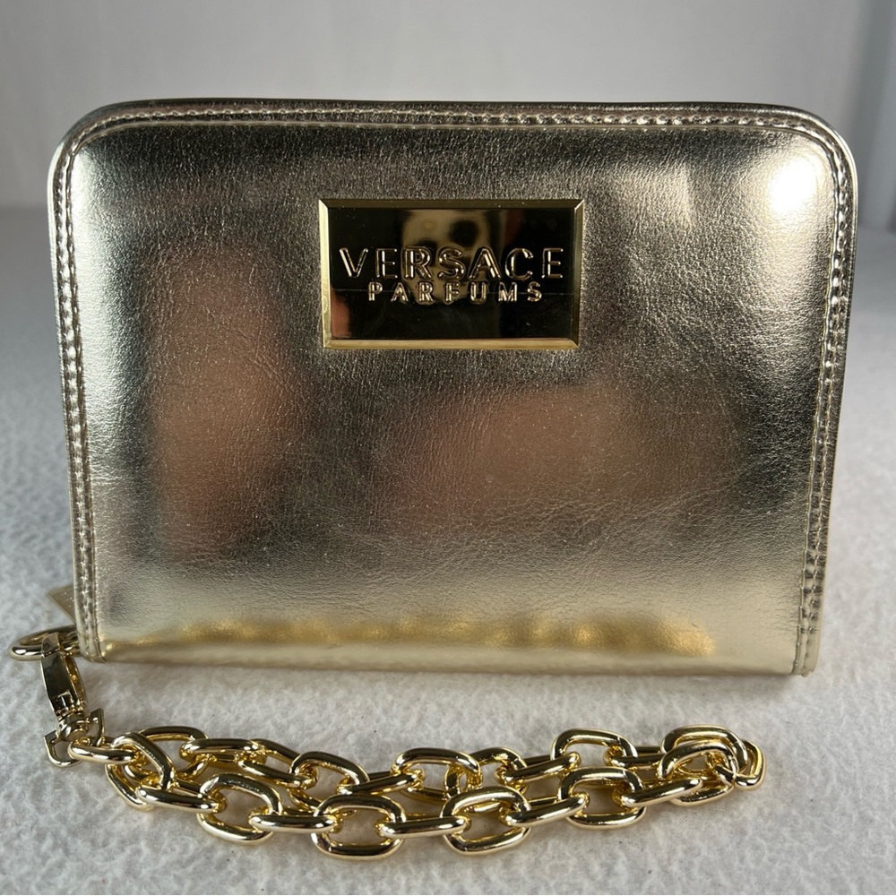 Versace Parfums Gold Zip Wallet Wristlet Chain Pouch Gold EUC